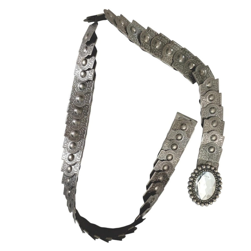 Vintage 80s Silver Tone Concho Stretch Belt Rhinestone Buckle Western Boho Disco - Picture 2 of 8
